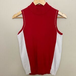 Vintage Red and White Mock Neck Sleeveless Rayon Blend Knit Vest size Small Fall
